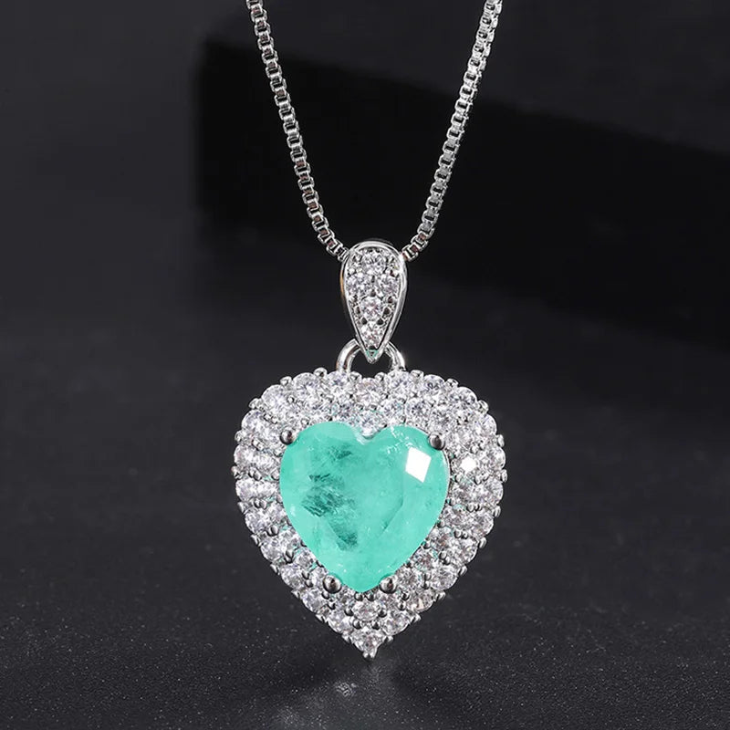 KIMLUD, Luxury 925 Sterling Silver Paraiba Heart Necklace Earrings Ring for Women Girl Wedding Dinner Party Jewelry Set Anniversary Gift, only Necklace, KIMLUD APPAREL - Womens Clothes