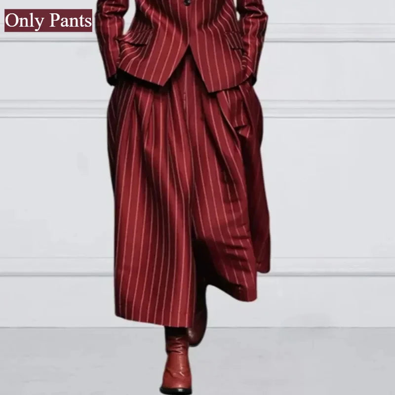 Modigirl Winter Clothes Trendy Pants Suits Set Office for Women 2024 Autumn British Striped Loose Wide Leg Womens England Capris