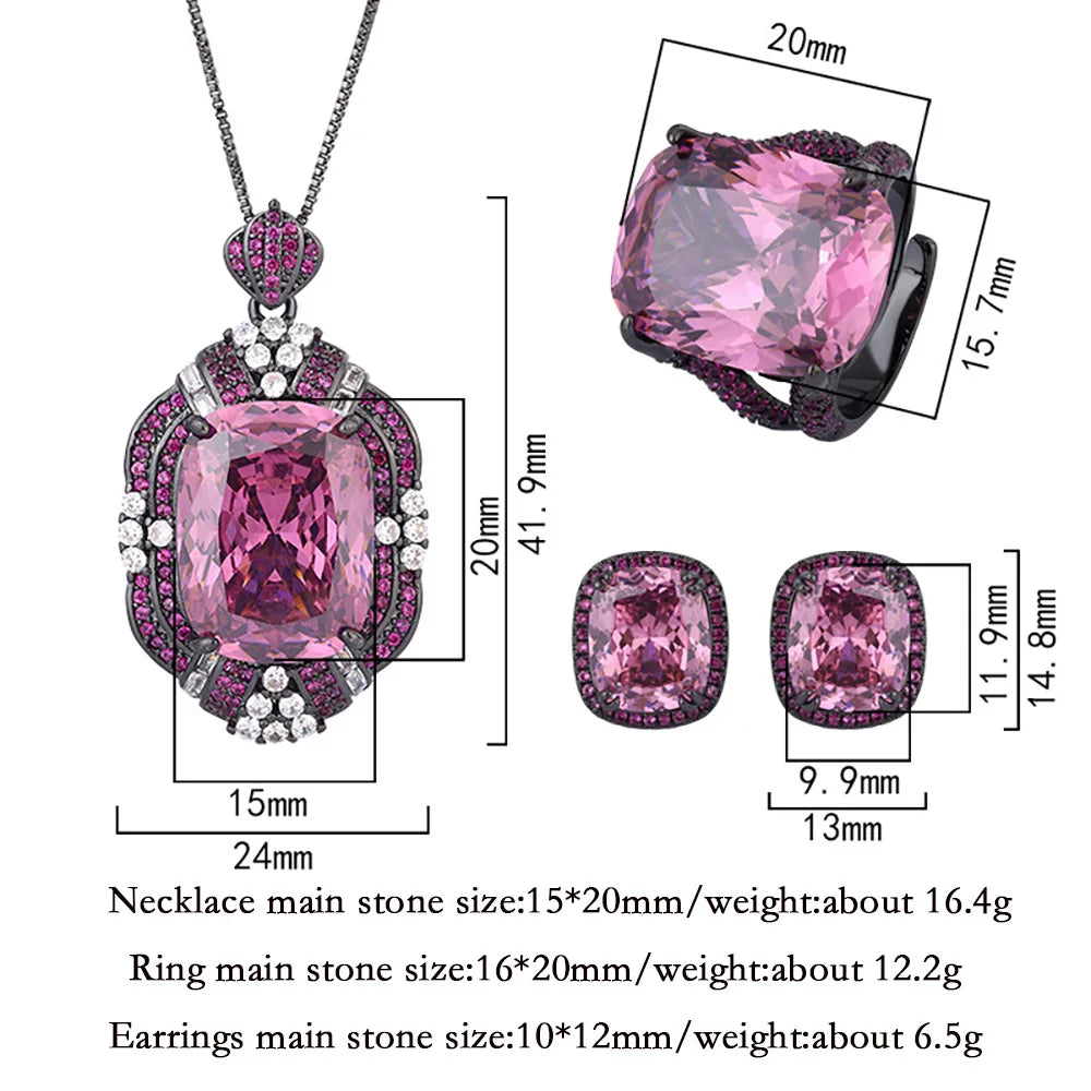 Retro Luxury Lab Pink Quartz Gemstone Necklace Pendant Ring Earrings Cocktail Party Fine Jewelry Sets for Women Accessories Gift - KIMLUD