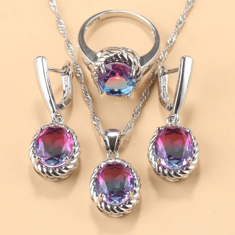 13-Colors Stone 925 Silver Bridal Jewelry Sets Wedding Ring Costume Earrings Pendant Chain Necklace For Women Christmas Gift - KIMLUD