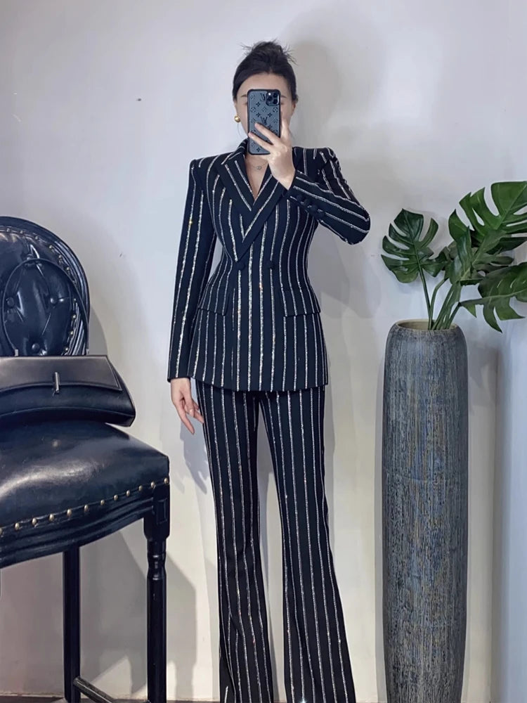 Luxury Striped 2 piece set for women Rhinestone double breasted blazer And Flare pants 2024 Autumn winter Office lady suit 4O083