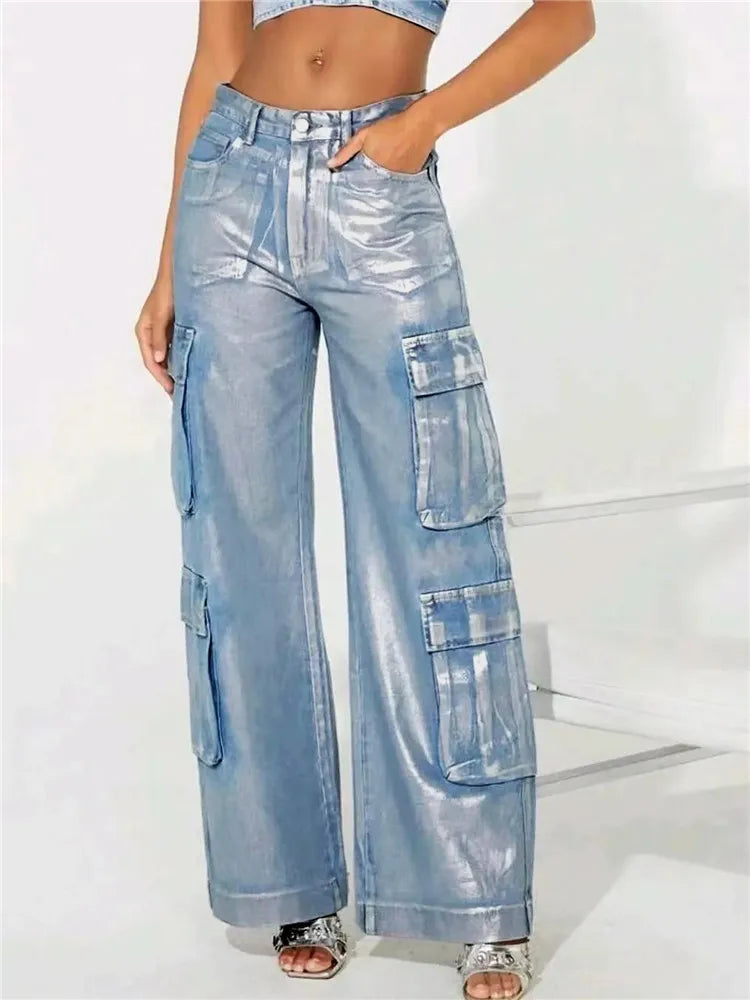 Hot Silver Stretch Denim Cargo Pants Women High Waist Streetwear Hip Hop Trousers Female Big Pockets Baggy Jeans Pants