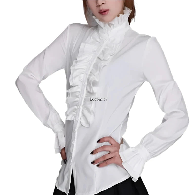 cosplay lolita tops Victorian Womens Tops Ruffles Long Sleeve Frill Solid Color OL Office Shirt Frilly Cuffs High Neck Blouse