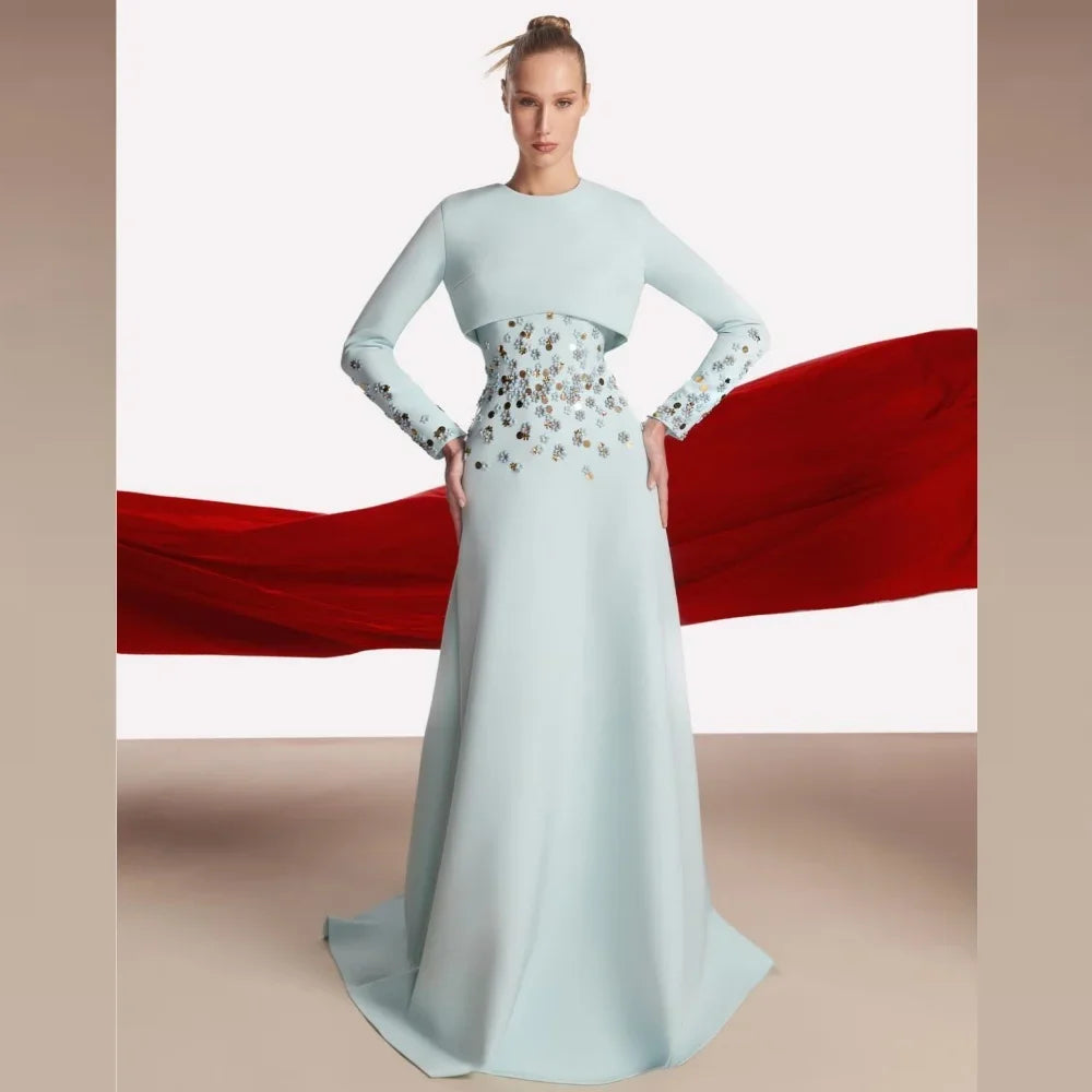 KIMLUD, Customized Jersey Sequined Flower Beading Ruched Homecoming A-line O-Neck Bespoke Occasion Gown Long Dresses, KIMLUD Womens Clothes