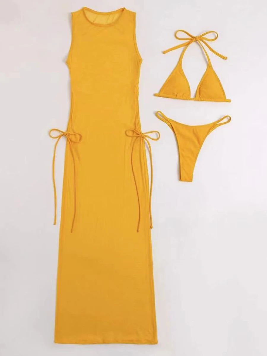 KIMLUD, 3 Pieces Thong Bikini 2023 Women With Dress String Swimwear Female Solid Swimsuit Beach Wear Bathing Swimming Suit Summer, Yellow / XL, KIMLUD Womens Clothes