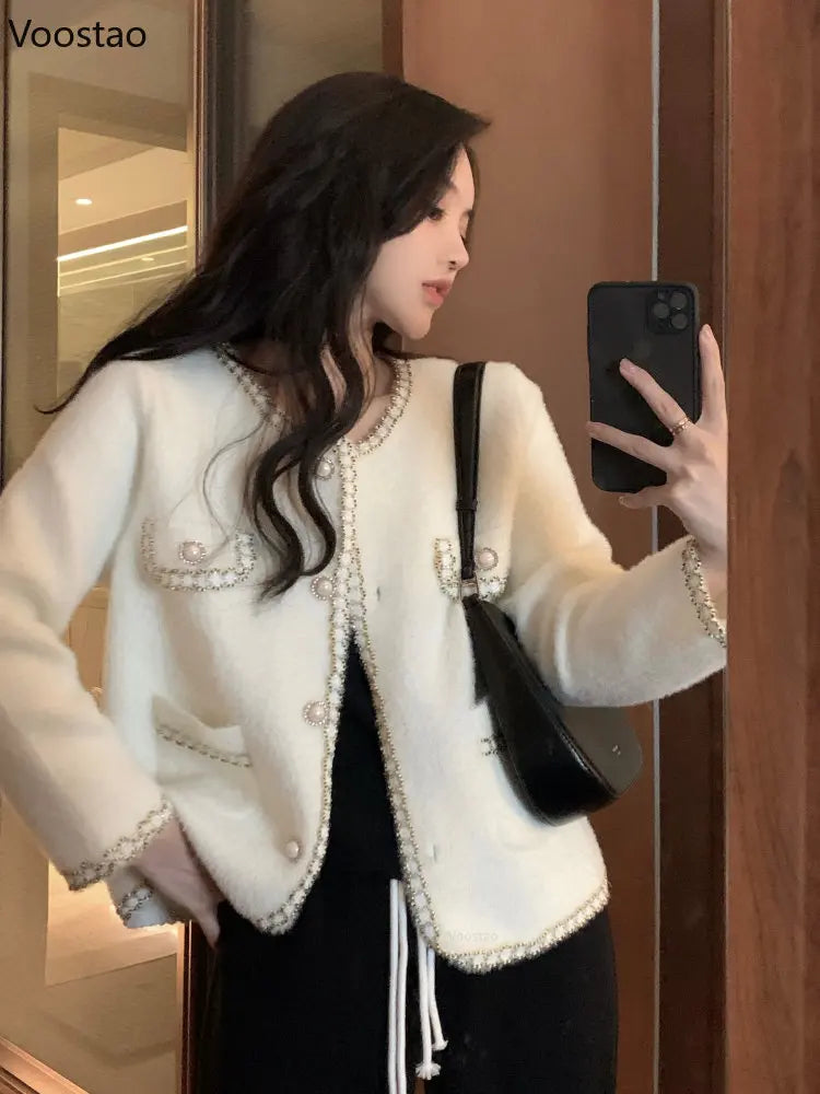 Elegant Imitation Mink Cashmere Sweater Jacket Women Autumn Winter Korean O-Neck Loose Knitted Cardigan Female Fashion Outwear