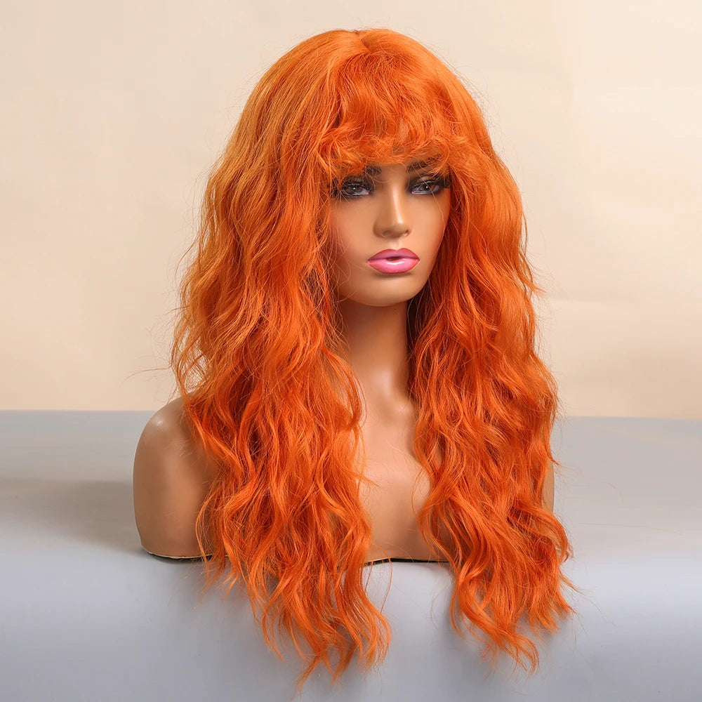 Cosplay Ginger Orange Long Curly Synthetic Wigs with Bangs Deep Wave Lolita Hair for Women Halloween Party Daily Heat Resistant