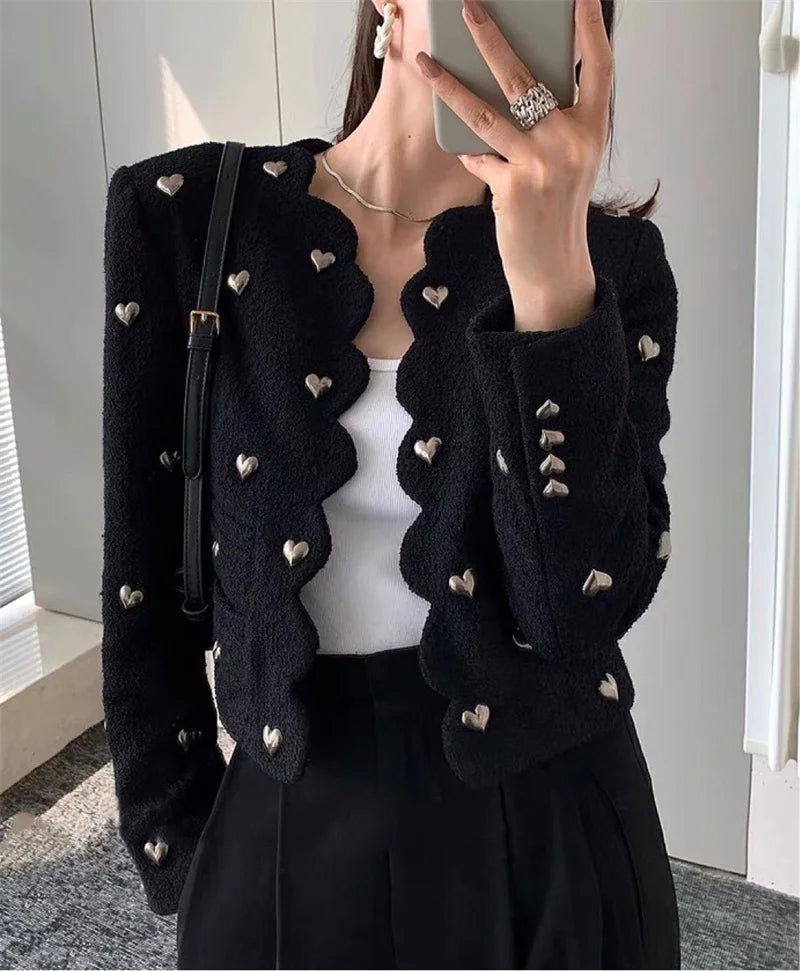 Fashion Love Beading Wool Jacket Coat High Street Fall Winter French Vintage Elegant Short Cardigan Women Outwear Blazer G338