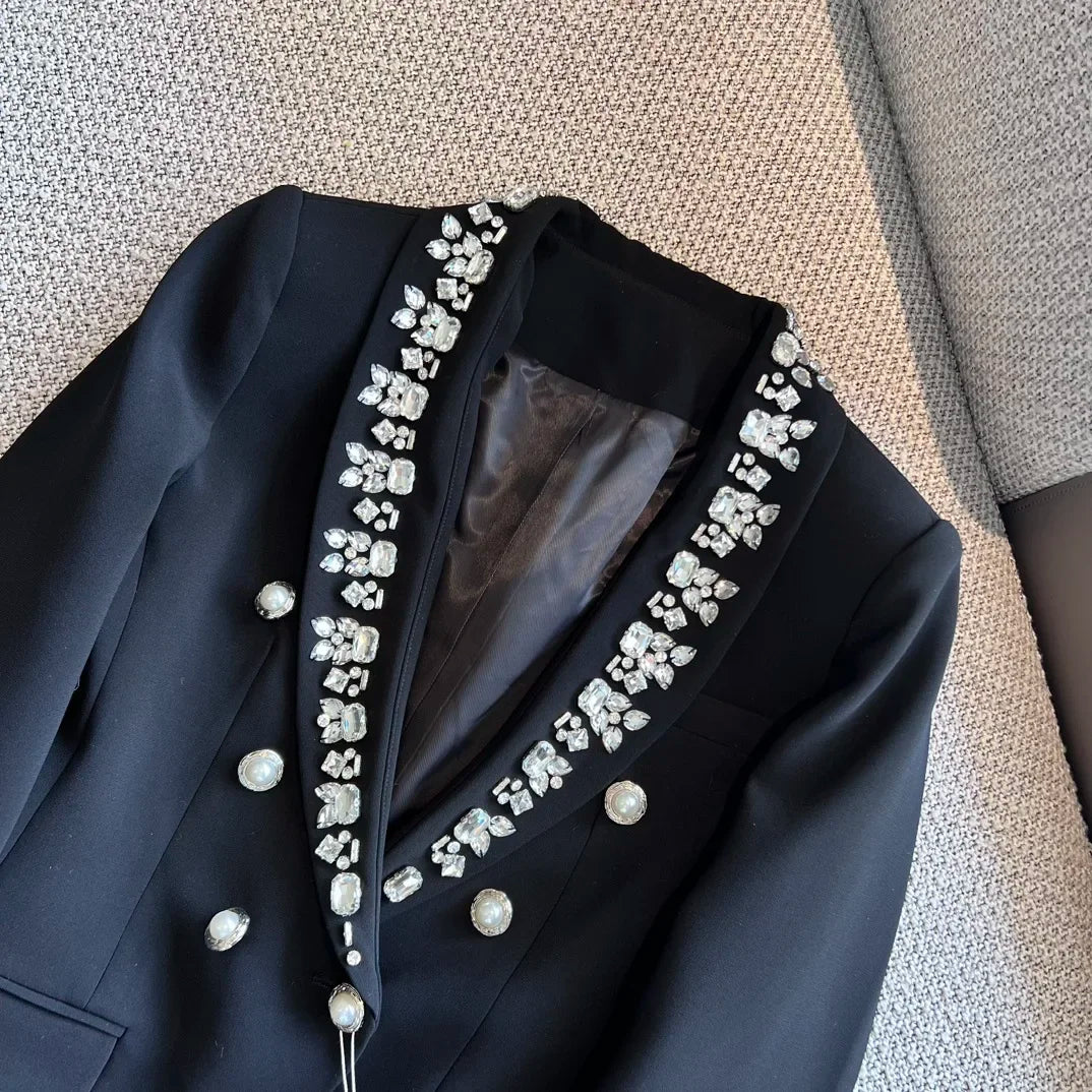 2024 Spring Summer New  Black diamond studded double breasted heavy Industry Nail Beads shawl collar woman suit jacket coat