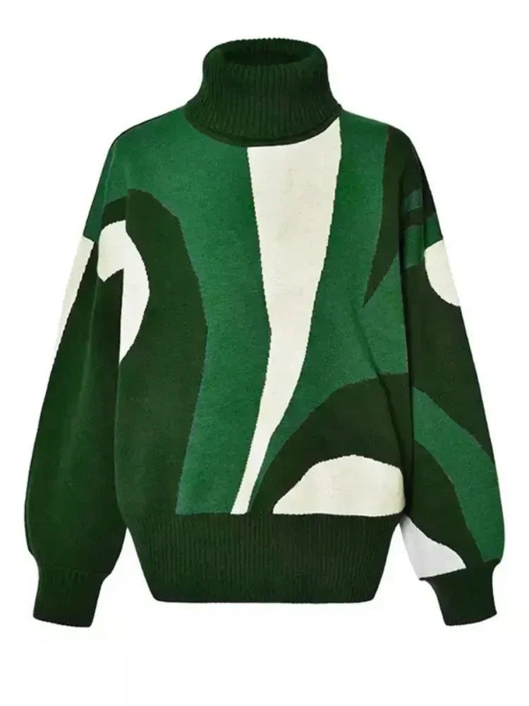 Beautyblue Women's Winter Clothing Luxurious Knitwear Green Casual Contrast Color High Neck Female High Neck Pullovers Sweater