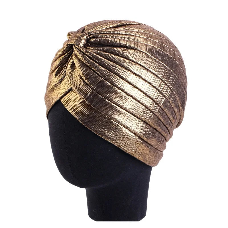 New Women's Metallic Pleated Knot Turban Hat Retro Ethnic Hat Elastic Head Wrap Shiny Beanies Head Scarf Bonnet Chemo Cap