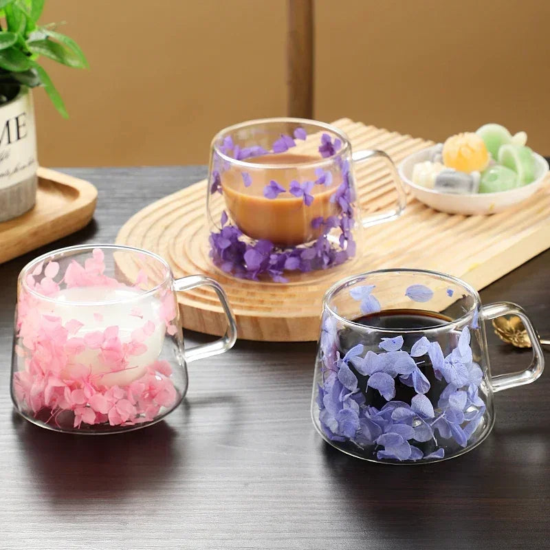 Double Wall Dry Flowers Transparent Glass Coffee Cup with Handle Double-layer Heat Insulation High Temperature Juice Milk Cup - KIMLUD