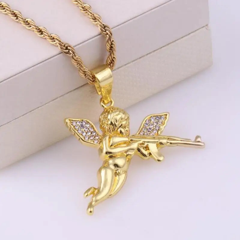 KIMLUD, Stainless Steel Creative Personality Prayer Angel Pendant Necklace Men and Women Fashion Trend Hip Hop Punk Accessories Jewelry, AL2496-Gold, KIMLUD APPAREL - Womens Clothes