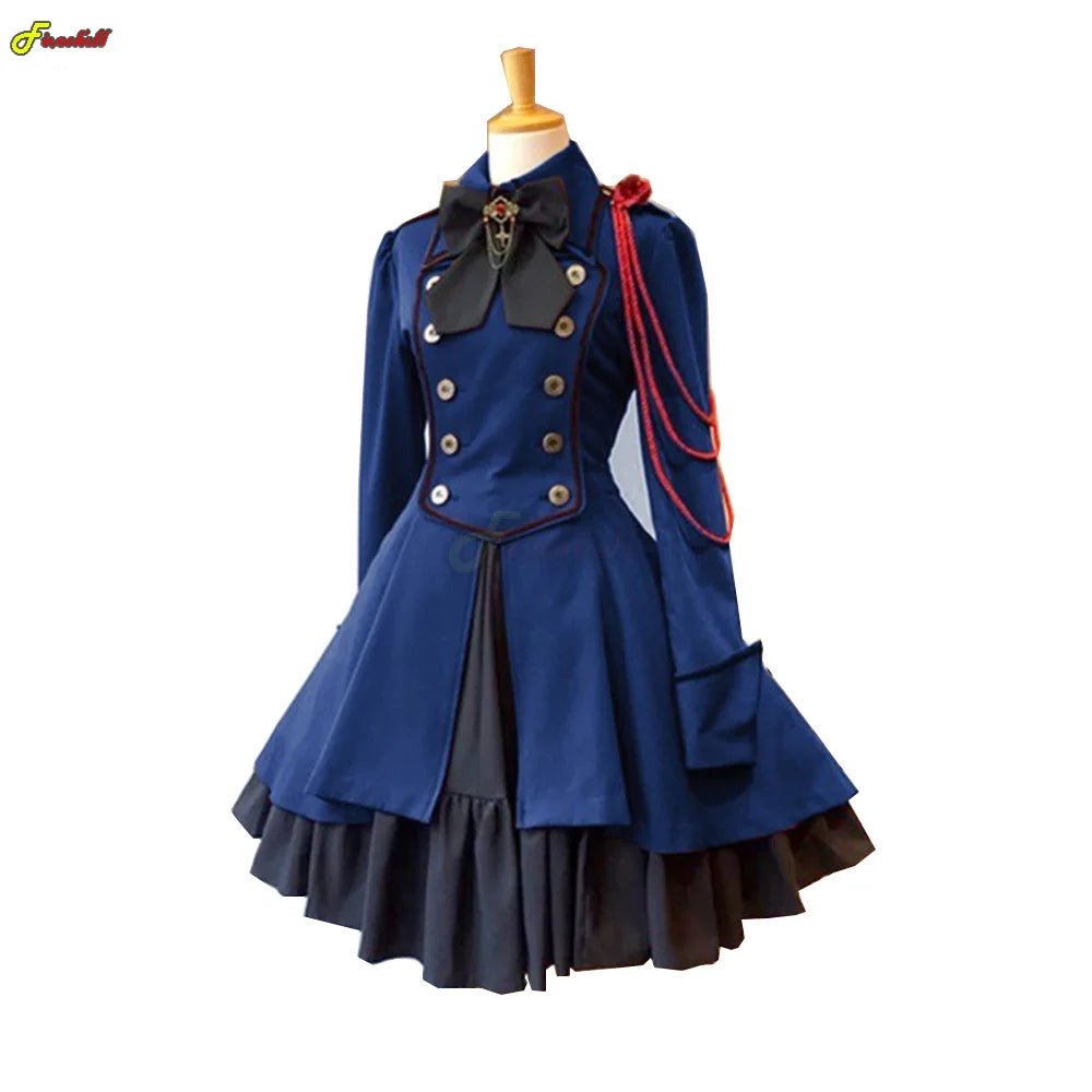 Medieval Cosplay Costumes Retro Gothic Lace Up Chain Bow Lolita Maid Dress Long Sleeves Ruffle Classic Slim Knee Sweet Dress