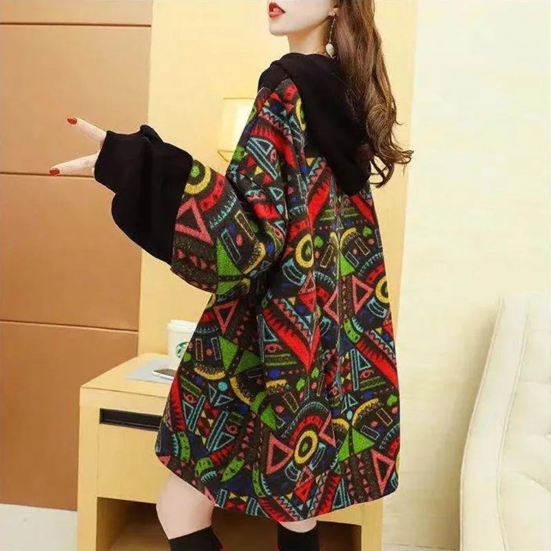 Spring Autumn Women's Sweatshirt Korean Loose Medium And Long Patchwork Print Hoodies Thin Long Sleeves Tops Female