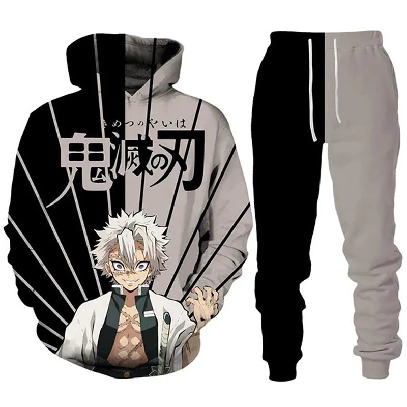 Anime Demon Slayer Hoodies 3D Printed Cosplay pants+Hoodie 2PCS Set Tracksuit Men Oversize Vintage Streetwear Hoodie Pants Sets