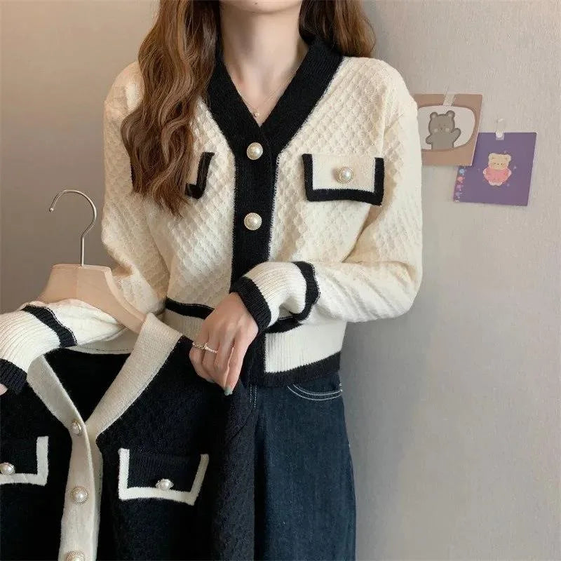 woman sweater cardigan autumn/winter knitting V-neck long lantern sleeve color splicing woman's clothing dropshipping AYX588 - KIMLUD