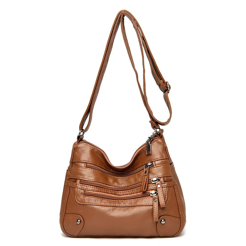 Women's Multi Zipper Shoulder Bag, Versatile Solid Color Faux Leather Crossbody Bag