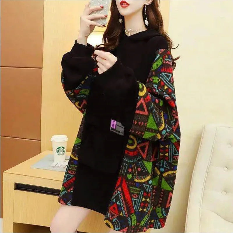 Spring Autumn Women's Sweatshirt Korean Loose Medium And Long Patchwork Print Hoodies Thin Long Sleeves Tops Female