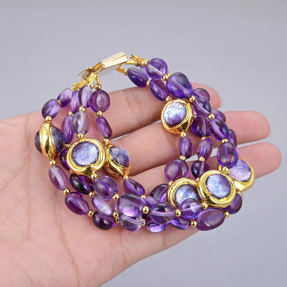 GuaiGuai Jewelry 4Rows Natural Purple Amethysts Rough With Electroplated Edge Purple Murano Glass Bracelet 8" For Women - KIMLUD