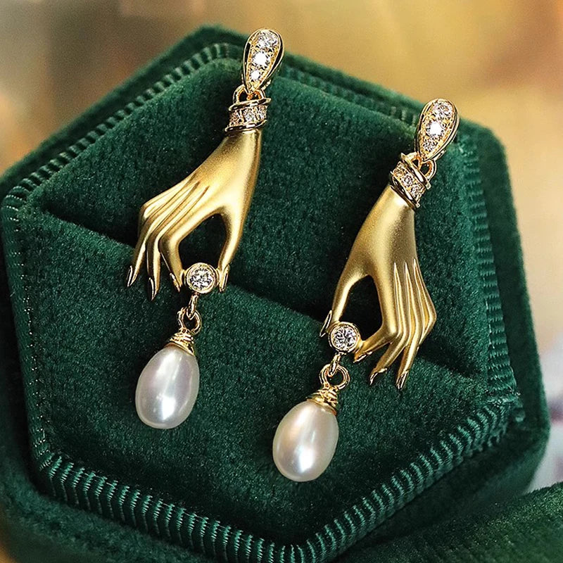 Huitan Novel Design Hand with Imitation Pearl Dangle Earrings for Women Hot Trendy Female Accessory Daily Wear Statement Jewelry