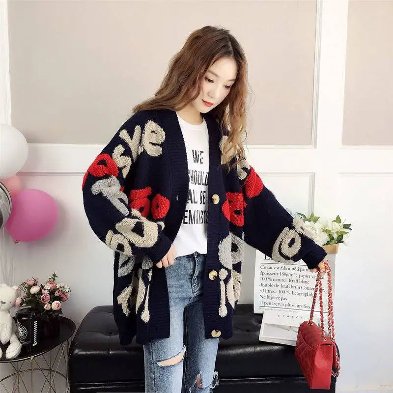 Slouchy Style Sweater Women's Cardigan Loose Autumn and Winter Korean 2023 New Style Outerwear Knitted Jacket Medium Length