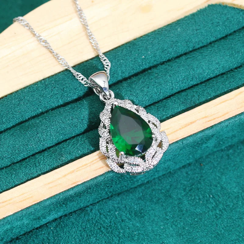 Classics Green Zircon 925 Silver Jewelry Sets for Women Wedding Bracelet Earrings Necklace Pendant Ring Dating Gifts