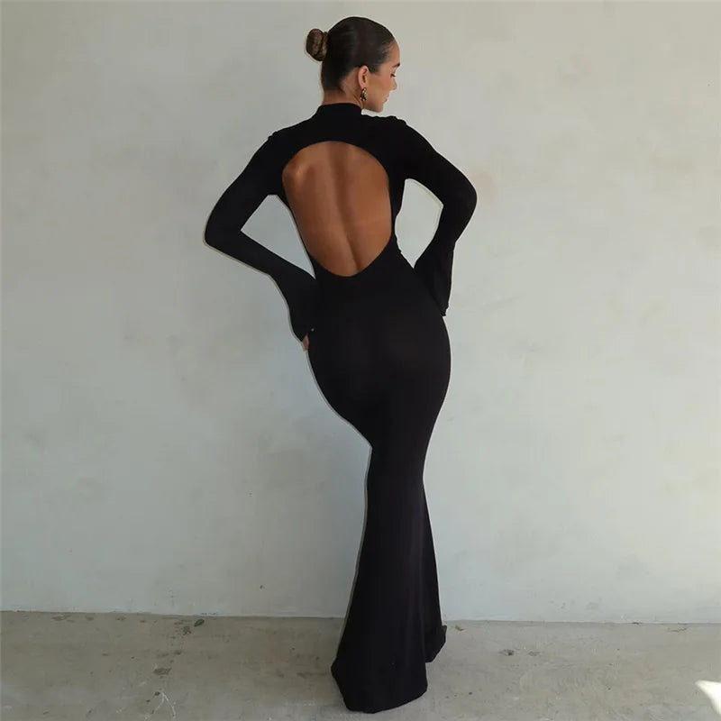 Autumn Winter Backless Sexy Party Club Black Bodycon Maxi Dresses Outfits for Women Long Sleeve Y2K Dress Vestido Streetwear New