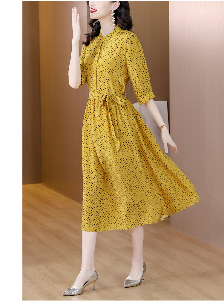 Spring Fashion Elegant Silk Printed Dress For Women 2023 New Versatile 5/4 Sleeve Loose Fit Casual Holiday Knee Length Dress Ves