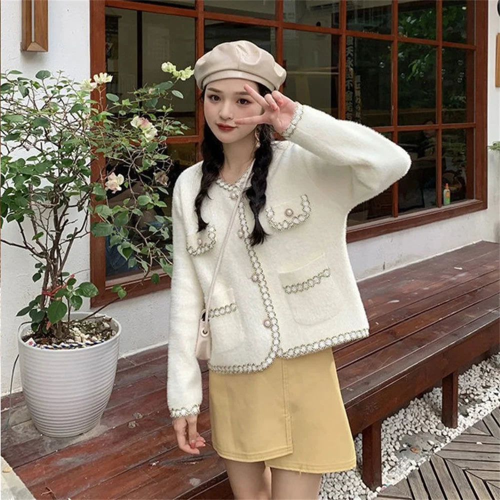 Autumn Winter Korean O-Neck Loose Knitted Cardigan Female Fashion Outwear Elegant Imitation Mink Cashmere Sweater Jacket Women