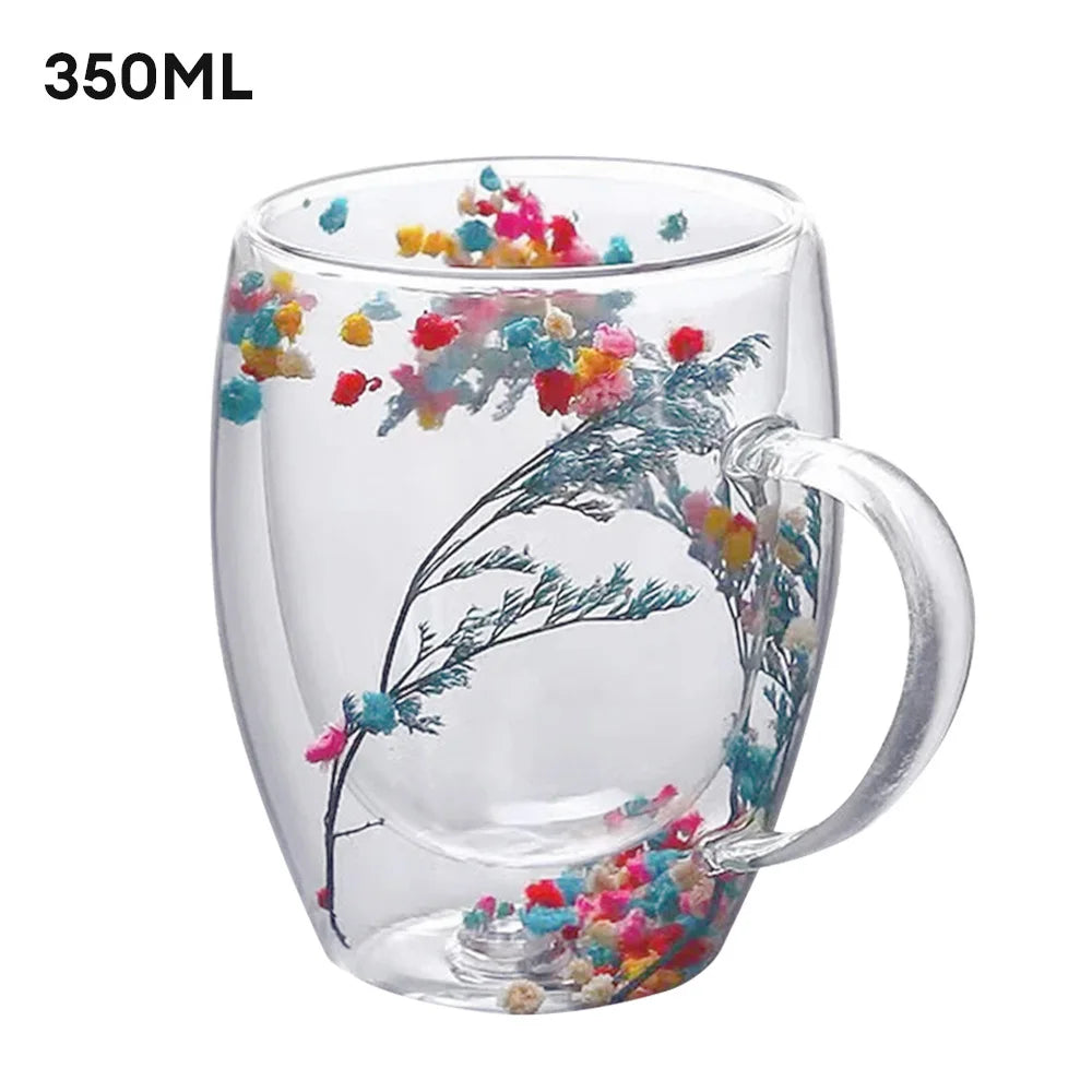 Creative Double Wall Glass Cup Dried Flower Filler Glass Cups Tea Coffee Cups Gifts High Borosilicate Glass Cups with Handles - KIMLUD