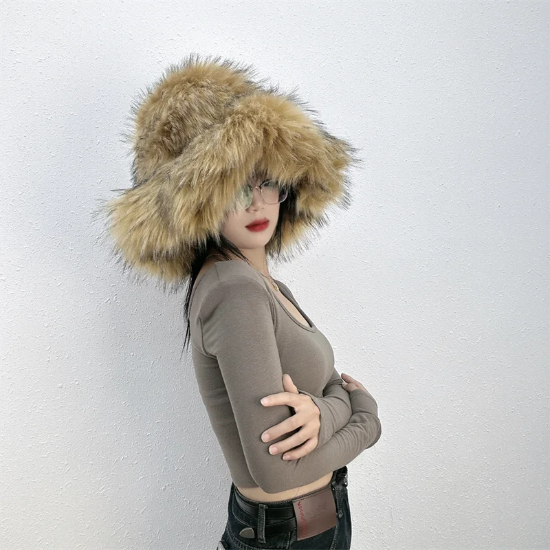 Winter Women Faux Fur Bucket Hat Warm Raccoon Fur Hat Oversize Outdoor Punk Hat Girl Fashion Long Fur Bucket Hat Furry Cute Cap