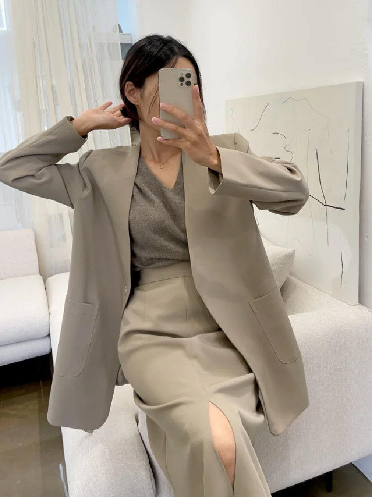 Autumn Winter Two Piece Set Women Long Sleeve V-neck Lace-up Suit Jacket Loose Blazer + High Waist Split Skirt 2 Piece Outfits