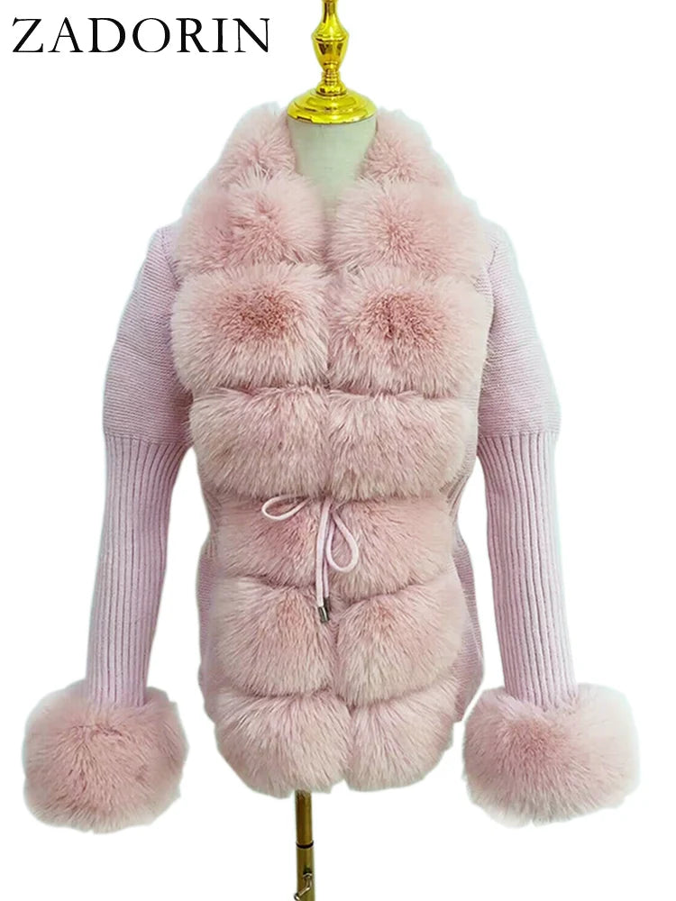 KIMLUD, ZADORIN Luxury Fur Cardigan Knit Winter Sweater Women Elegant Detachable Fur Belt White Pink Black Womens Cardigan Korea Style, Pink / M, KIMLUD APPAREL - Womens Clothes