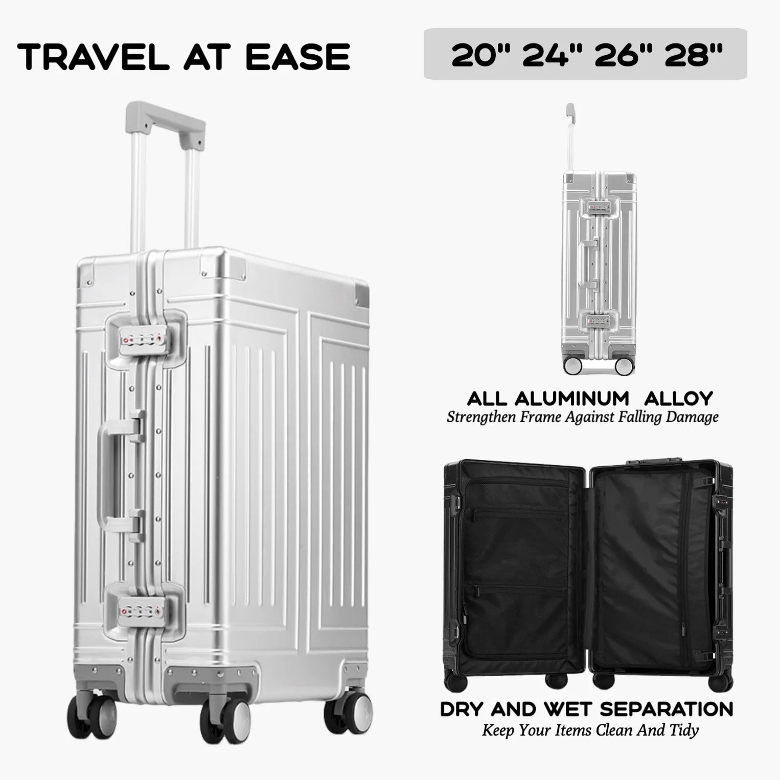 2024 Capacity Durable Luggage Sets 100% Aluminum Suitcase Wheels Women Girl Men Cabin Carry-On Boarding Travel 20/24/26/28 - KIMLUD