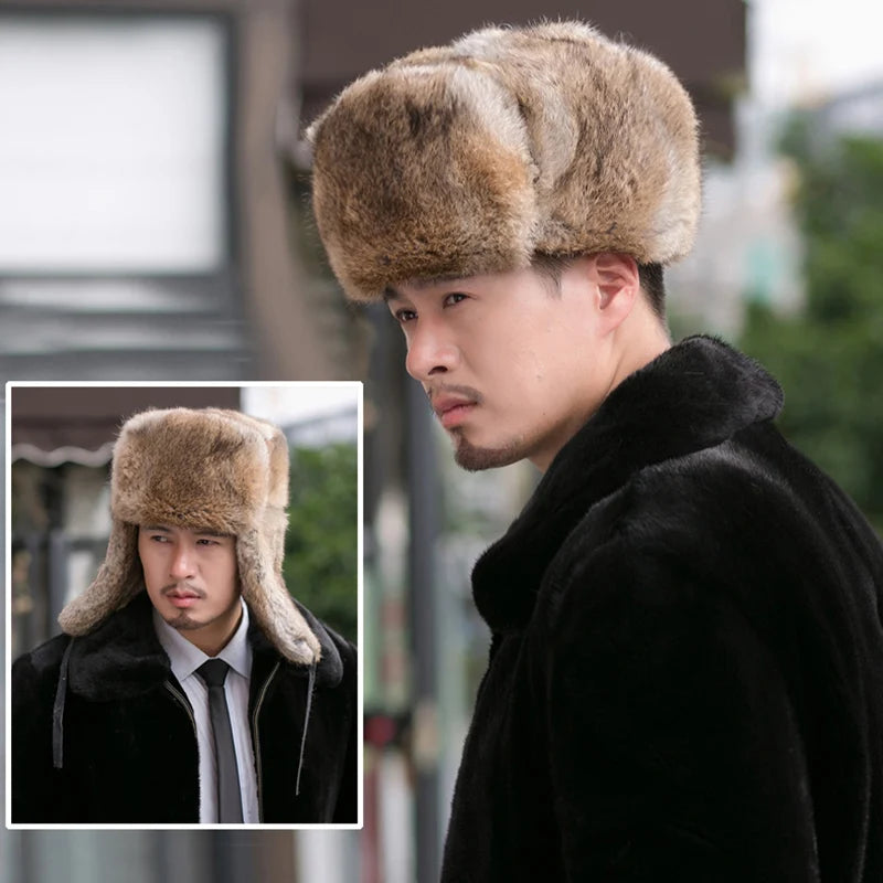 Thick Warm Bomber Hat Men Real Rabbit Fur Earflap Trapper Russian Cap Male Plus Size Winter Hats for Men Ski Russian Hat