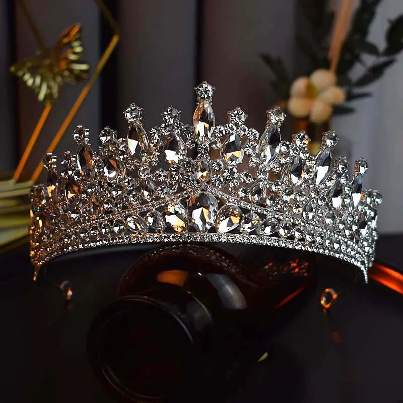 Silver Color Crystal Bridal Crown Royal Queen Tiara Rhinestone Pageant Prom Bride Diadem Princess Wedding Crown Hair Accessories - KIMLUD