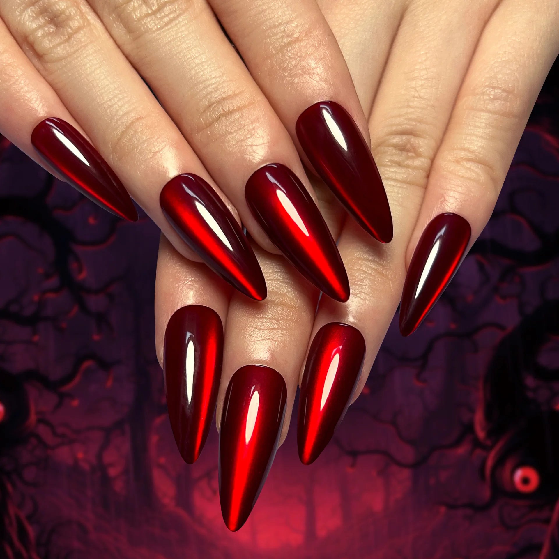 KIMLUD, Sparkling Red Cat Eye Solid Color Fake Nail Halloween Fashion Detachable Finished False Nails Press on Nails with Glue Wholesale, KIMLUD Womens Clothes