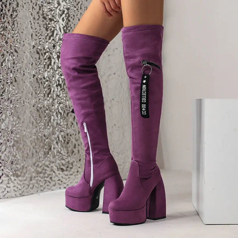 Orange Purple Navy Blue Platform Overknees Sexy Block High Heeled Women Winter Shoes Plus Size 34-48 Over The Knee Stretch Boots