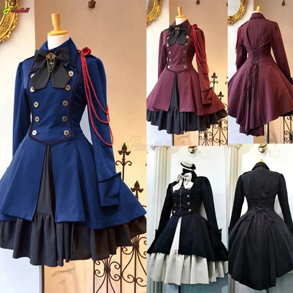 Medieval Cosplay Costumes Retro Gothic Lace Up Chain Bow Lolita Maid Dress Long Sleeves Ruffle Classic Slim Knee Sweet Dress