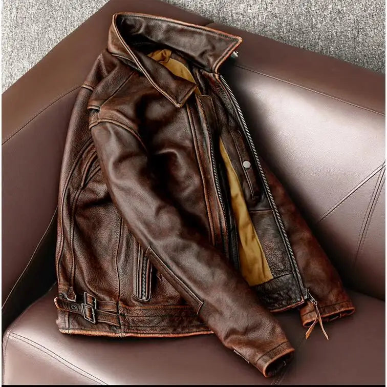 CC Shop.Vintage Brand cowhide Jacket,Classic casual genuine Leather coat.Motor Rider leather wear.Retro style.quality