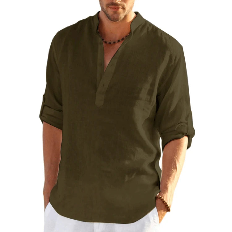 KIMLUD, New Men's Linen Long Sleeve T-Shirt Solid Color Loose Casual Shirt Long Sleeve Cotton Linen Shirt, army green / 4XL, KIMLUD APPAREL - Womens Clothes