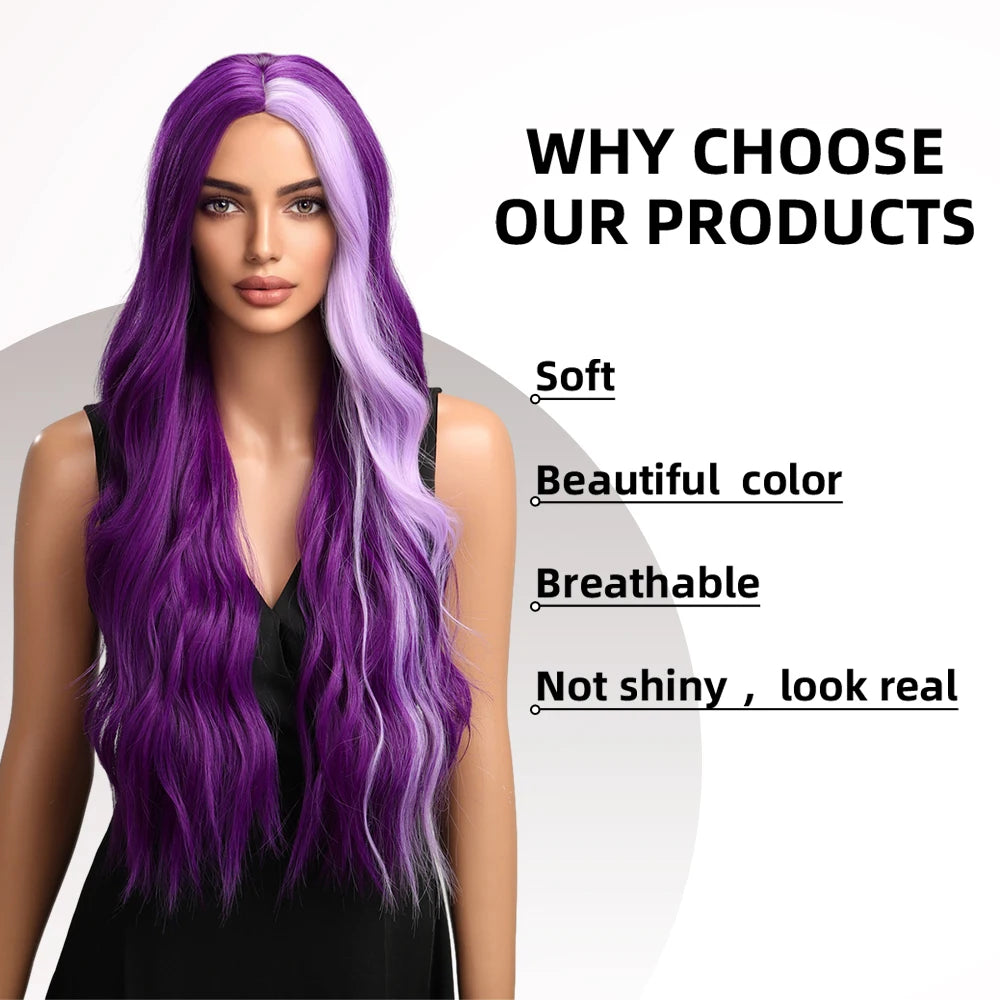 oneNonly Long Purple Wig Synthetic Wigs for Women Wave Cosplay Party Halloween Wig High Quality Hair