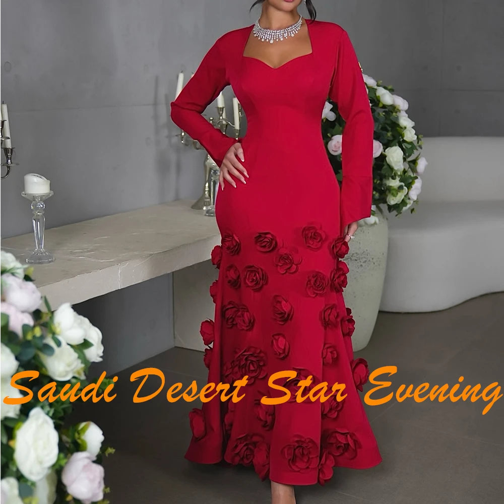 Exquisite Flowers Pleats Sweetheart Evening Dresses Graceful A-Line Satin Burgundy Long Sleeves Party Gowns Saudi Arabia 2024