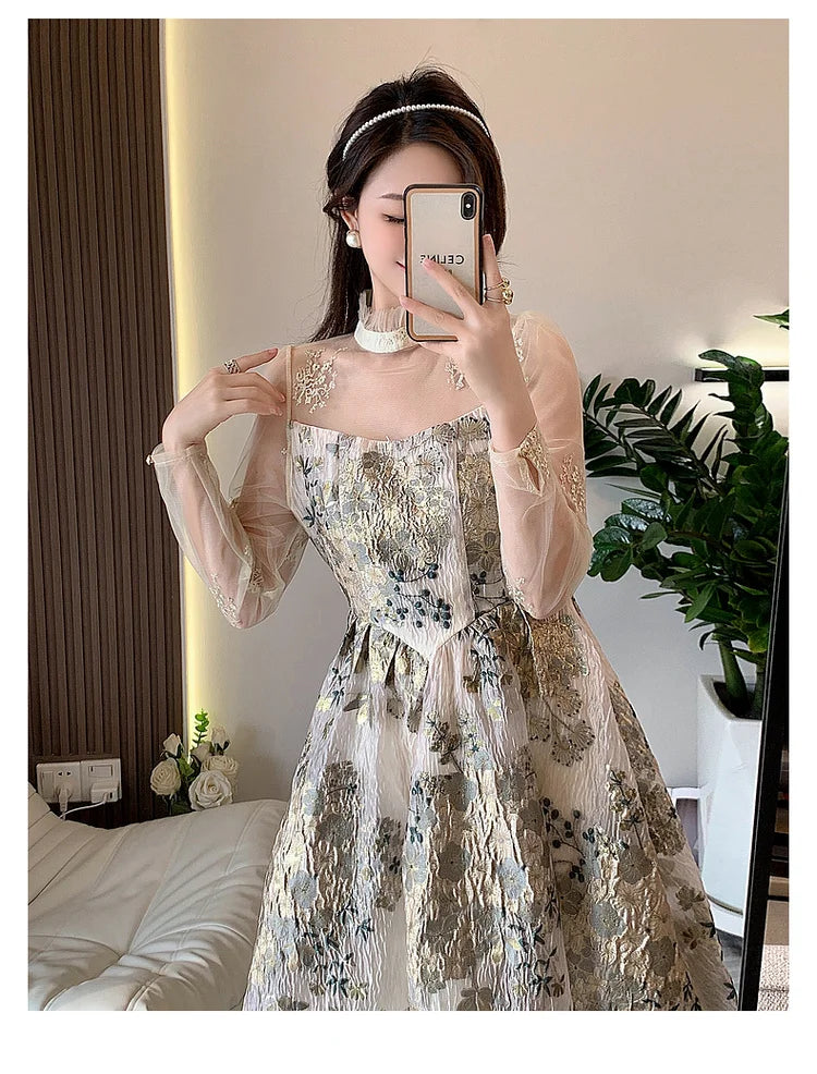 Elegant Luxury Mesh Flower Embroidery Patchwork Jacquard Dress Women Stand Collar Shawl Ruffles Floral Evening Party Vestidos