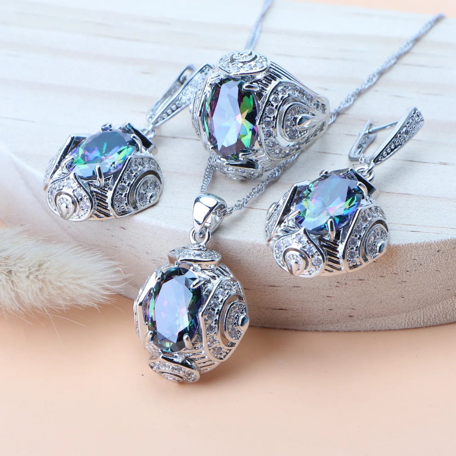 Rainbow Natural Zircon Jewelry Sets 925 Sterling Silver Women Wedding Jewelry Earrings Bracelets Rings Pendant Necklace Set - KIMLUD