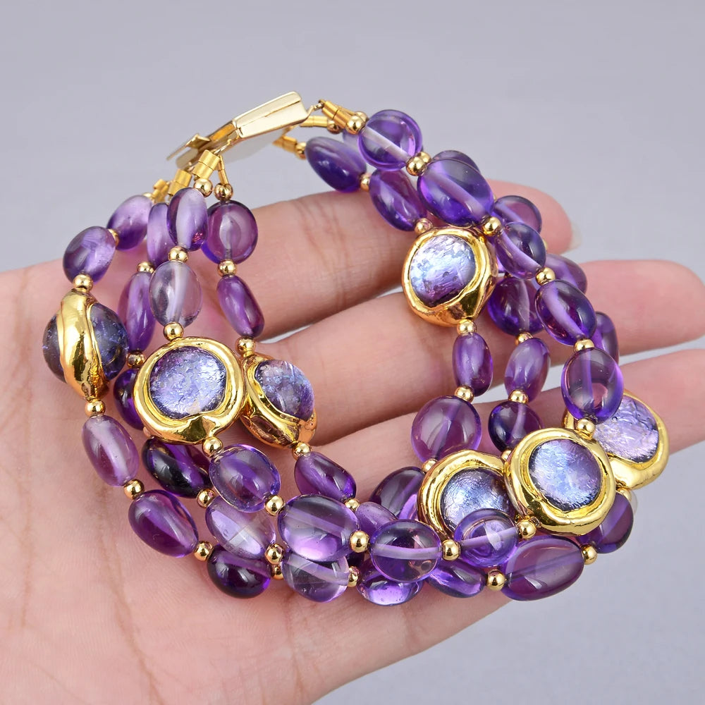 GuaiGuai Jewelry 4Rows Natural Purple Amethysts Rough With Electroplated Edge Purple Murano Glass Bracelet 8" For Women - KIMLUD