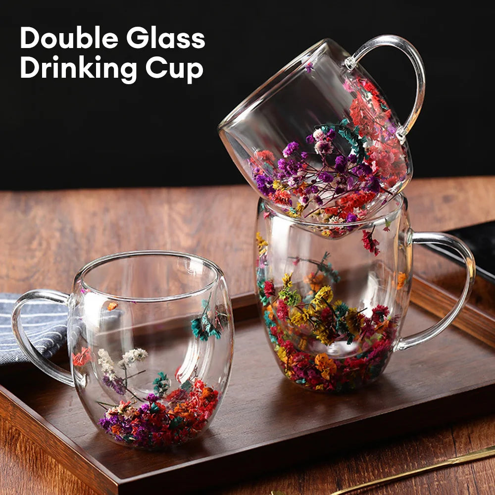 Creative Double Wall Glass Cup Dried Flower Filler Glass Cups Tea Coffee Cups Gifts High Borosilicate Glass Cups with Handles - KIMLUD