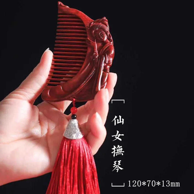 Natural Rhinoceros Horn Small Leaf Red Sandalwood Carved Wood Comb Retro Style Massage Comb Gifts with comb