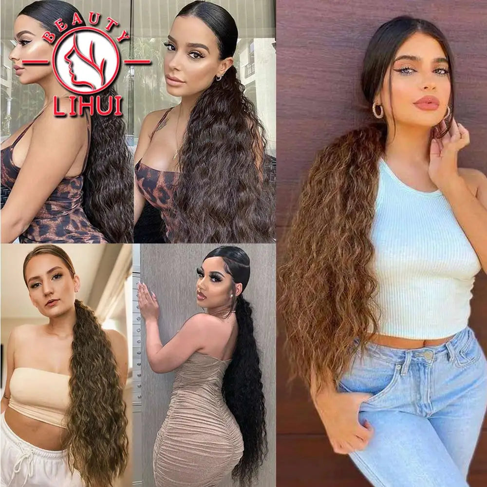 32 Inch Long Ponytail Hair Extension Corn Wavy Texture Synthetic Afro Kinky Curly Ponytail Women Hairpieces Wrap On Pony Tail